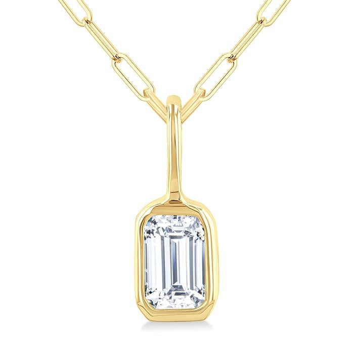 1/5 Ctw Emerald Cut Bezel Set Diamond Fashion Pendant With Paperclip Chain in 14K Yellow Gold