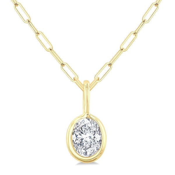 1/5 Ctw Oval Cut Bezel Set Diamond Fashion Pendant With Paperclip Chain in 14K Yellow Gold