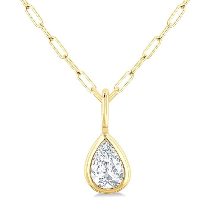 1/5 Ctw Pear Cut Bezel Set Diamond Fashion Pendant With Paperclip Chain in 14K yellow Gold