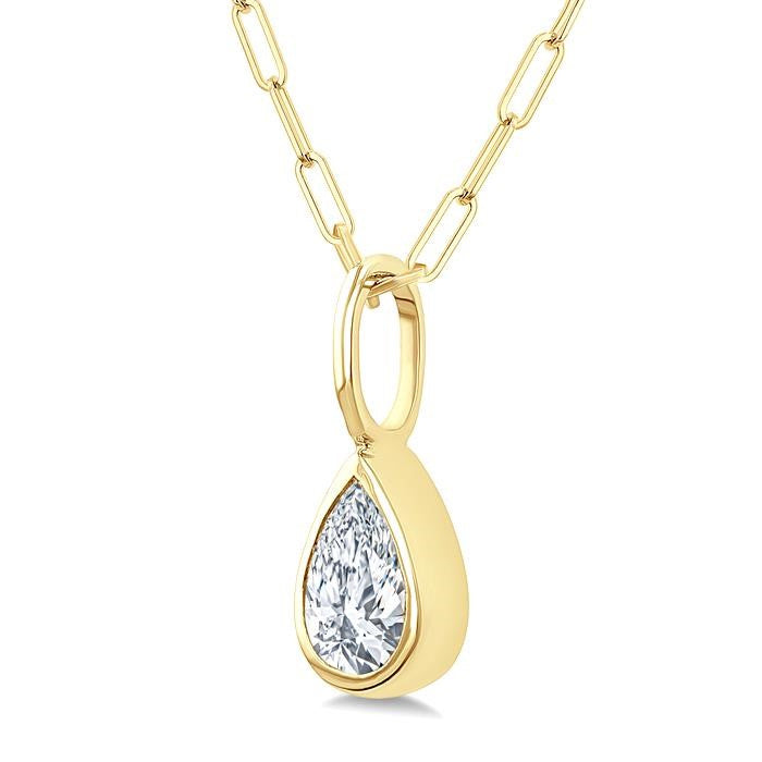 1/5 Ctw Pear Cut Bezel Set Diamond Fashion Pendant With Paperclip Chain in 14K yellow Gold