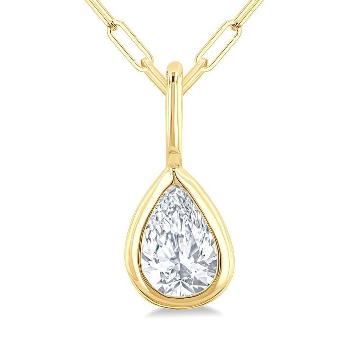 1/5 Ctw Pear Cut Bezel Set Diamond Fashion Pendant With Paperclip Chain in 14K yellow Gold