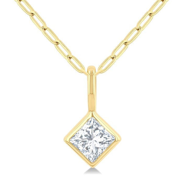 1/5 Ctw Princess Cut Bezel Set Diamond Fashion Pendant With Paperclip Chain in 14K Yellow Gold