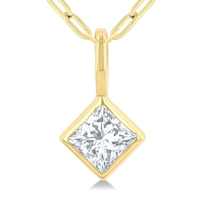 1/5 Ctw Princess Cut Bezel Set Diamond Fashion Pendant With Paperclip Chain in 14K Yellow Gold