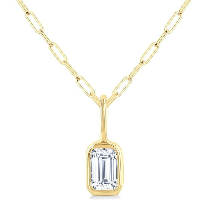 1/5 Ctw Emerald Cut Bezel Set Diamond Fashion Pendant With Paperclip Chain in 10K Yellow Gold