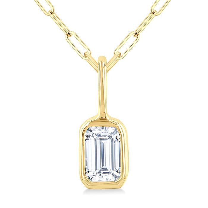 1/5 Ctw Emerald Cut Bezel Set Diamond Fashion Pendant With Paperclip Chain in 10K Yellow Gold