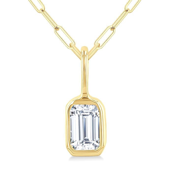1/5 Ctw Emerald Cut Bezel Set Diamond Fashion Pendant With Paperclip Chain in 10K Yellow Gold
