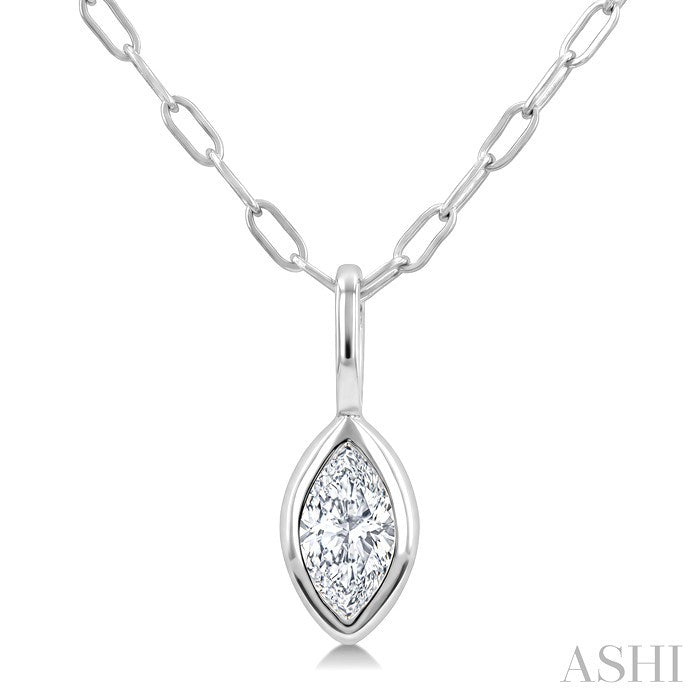 1/5 Ctw Marquise Cut Bezel Set Diamond Fashion Pendant With Paperclip Chain in 14K White Gold