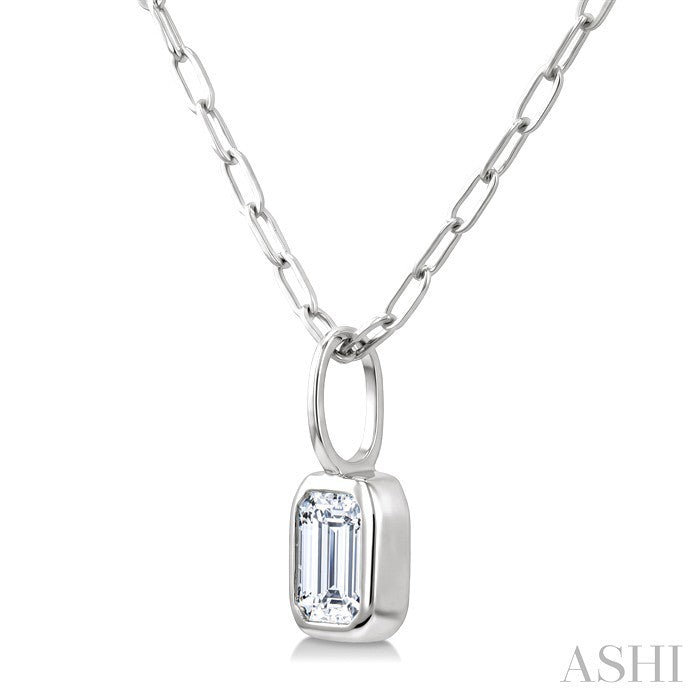 1/5 Ctw Emerald Cut Bezel Set Diamond Fashion Pendant With Paperclip Chain in 14K White Gold
