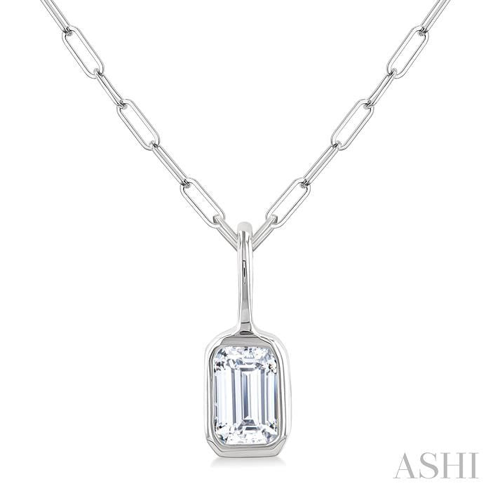 1/5 Ctw Emerald Cut Bezel Set Diamond Fashion Pendant With Paperclip Chain in 14K White Gold