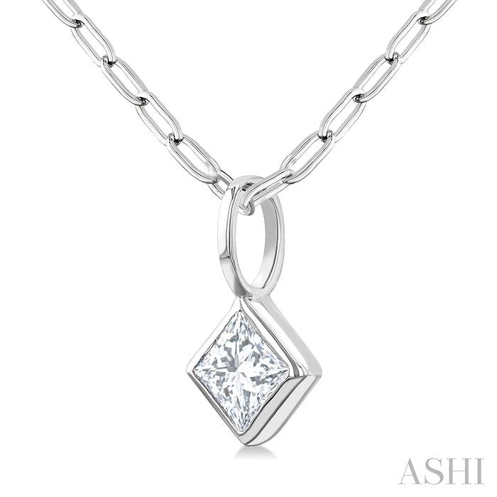 1/5 Ctw Princess Cut Bezel Set Diamond Fashion Pendant with Paperclip Chain in 14K White Gold