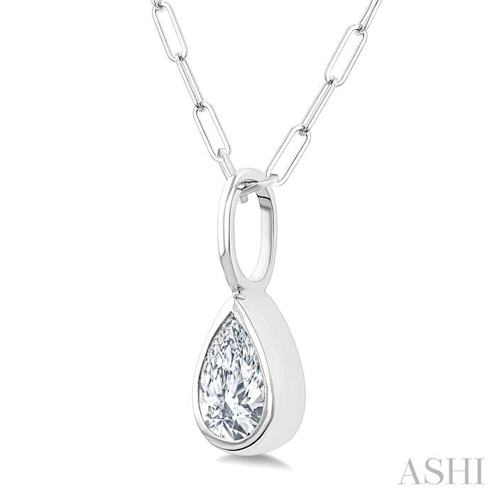 1/5 Ctw Pear Cut Bezel Set Diamond Fashion Pendant With Paperclip Chain in 14K White Gold