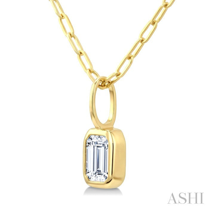 1/5 Ctw Emerald Cut Bezel Set Diamond Fashion Pendant With Paperclip Chain in 14K Yellow Gold