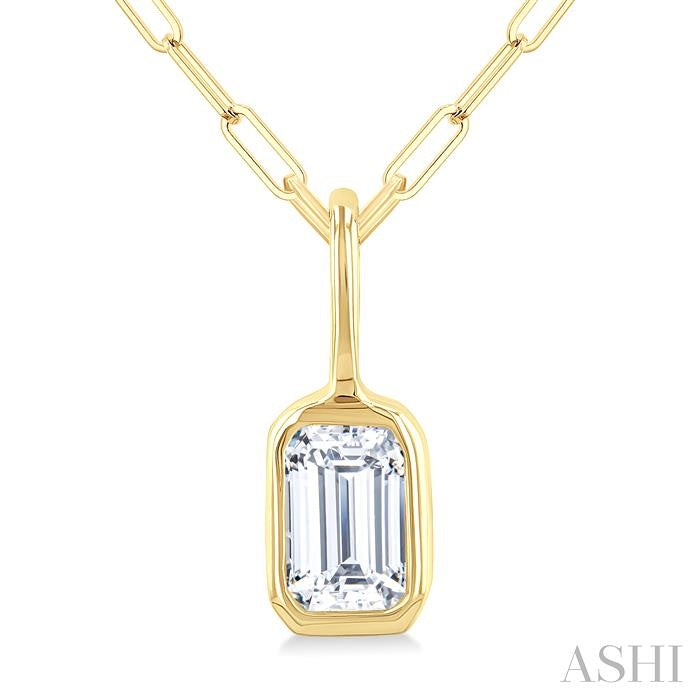 1/5 Ctw Emerald Cut Bezel Set Diamond Fashion Pendant With Paperclip Chain in 14K Yellow Gold
