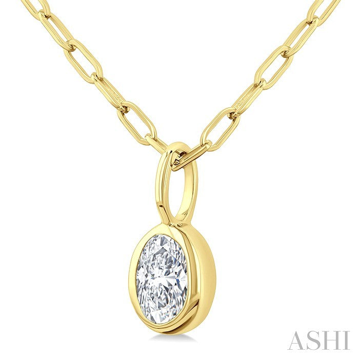 1/5 Ctw Oval Cut Bezel Set Diamond Fashion Pendant With Paperclip Chain in 14K Yellow Gold