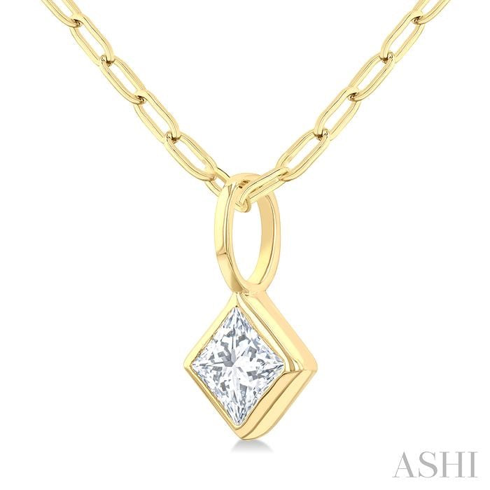 1/5 Ctw Princess Cut Bezel Set Diamond Fashion Pendant With Paperclip Chain in 14K Yellow Gold
