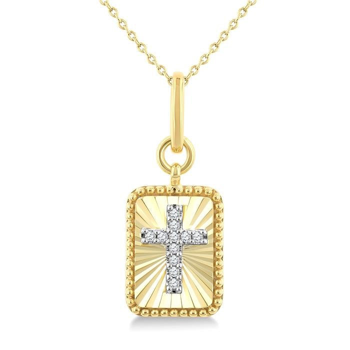 1/20 Ctw Latin Cross Round Cut Diamond Pirouette Rectangular Fluted Medallion Fashion Pendant With Chain in 10K Yellow and White Gold