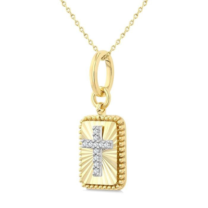 1/20 Ctw Latin Cross Round Cut Diamond Pirouette Rectangular Fluted Medallion Fashion Pendant With Chain in 10K Yellow and White Gold