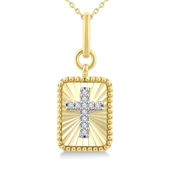 1/20 Ctw Latin Cross Round Cut Diamond Pirouette Rectangular Fluted Medallion Fashion Pendant With Chain in 10K Yellow and White Gold