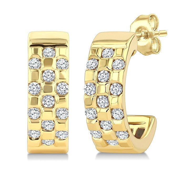 1/4 Ctw Round Cut Golden Glow Diamond Checkered Half Hoop Fashion Earrings in 10K Yellow Gold