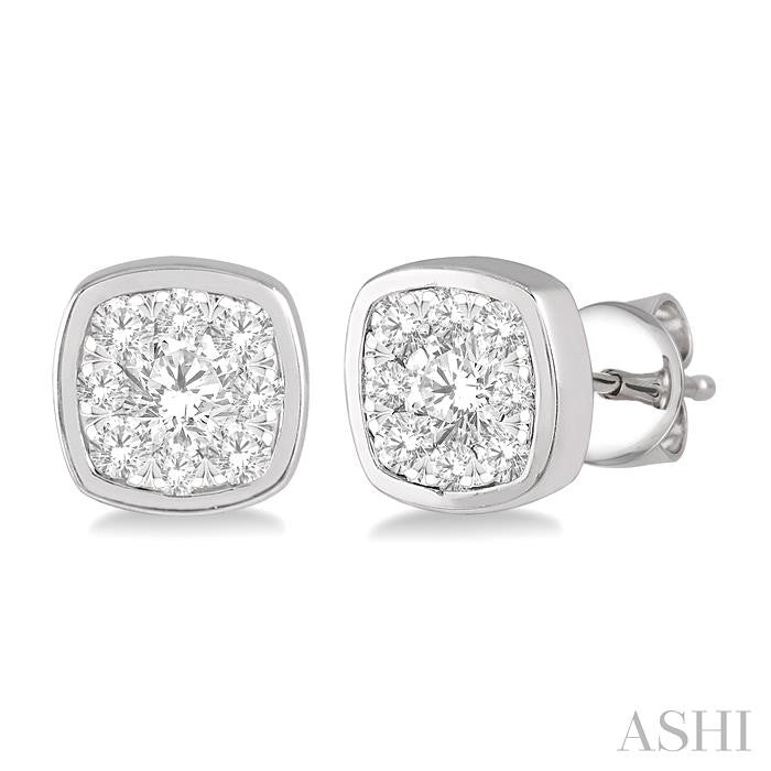 3/4 Ctw Cushion Shape Round Cut Diamond Shine Bright Bezel Stud Earrings in 14K White Gold