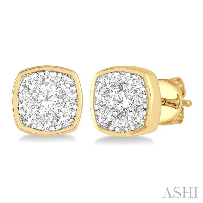 1/2 Ctw Cushion Shape Round Cut Diamond Shine Bright Bezel Stud Earrings in 14K Yellow and White Gold