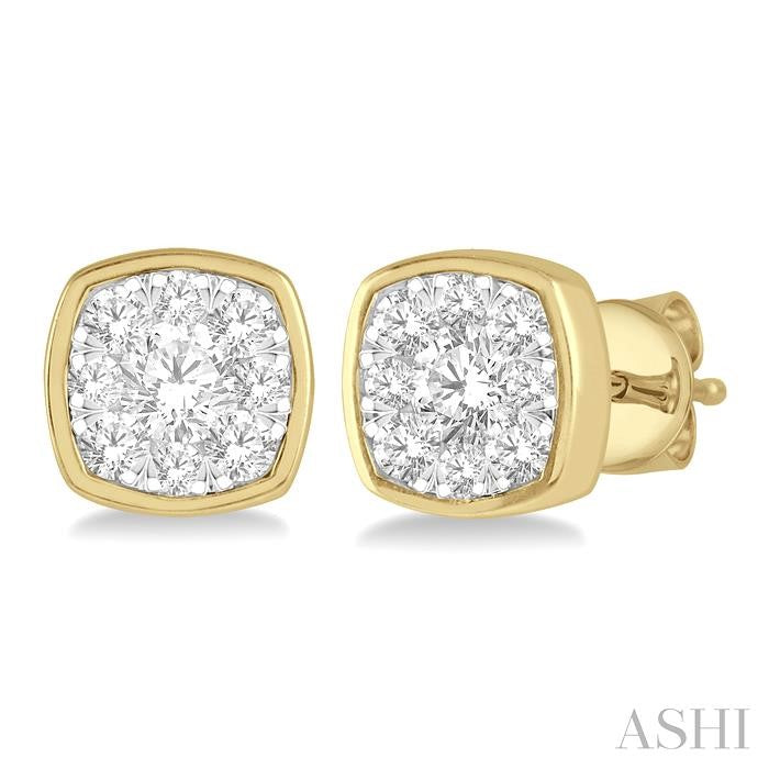 1/3 Ctw Cushion Shape Round Cut Diamond Shine Bright Bezel Stud Earrings in 14K Yellow and White Gold