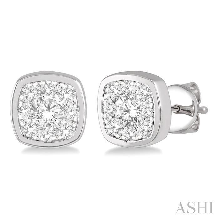 1/3 Ctw Cushion Shape Round Cut Diamond Shine Bright Bezel Stud Earrings in 14K White Gold