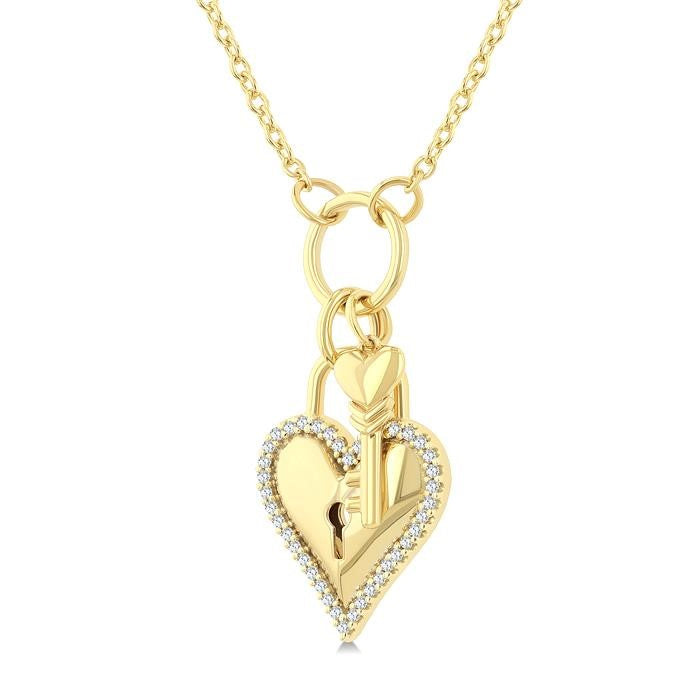 1/6 Ctw Heart Lock & Key Charm Round Cut Golden Glow Diamond Fashion Pendant With Chain in 10K Yellow Gold