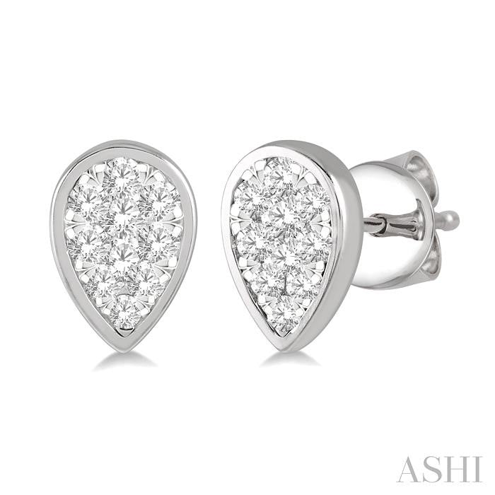1/3 Ctw Pear Shape Shine Bright Round Cut Diamond Bezel Stud Earrings in 14K White Gold