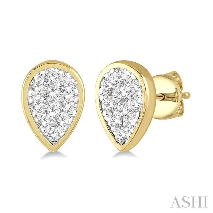 1/3 Ctw Pear Shape Shine Bright Round Cut Diamond Bezel Stud Earrings in 14K Yellow and White Gold