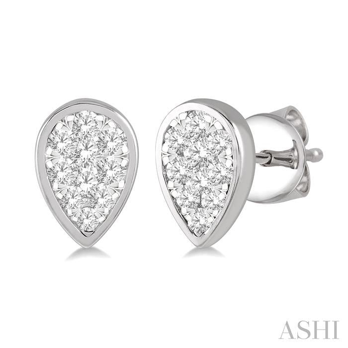 1/3 Ctw Pear Shape Shine Bright Round Cut Diamond Bezel Stud Earrings in 14K White Gold