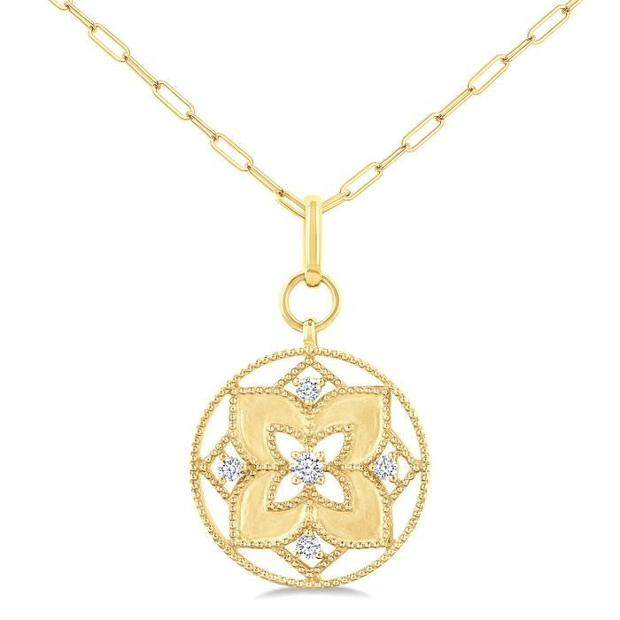 1/4 Ctw Floral Medallion Circle Round Cut Diamond Fashion Pendant With Paperclip Chain in 14K Yellow Gold