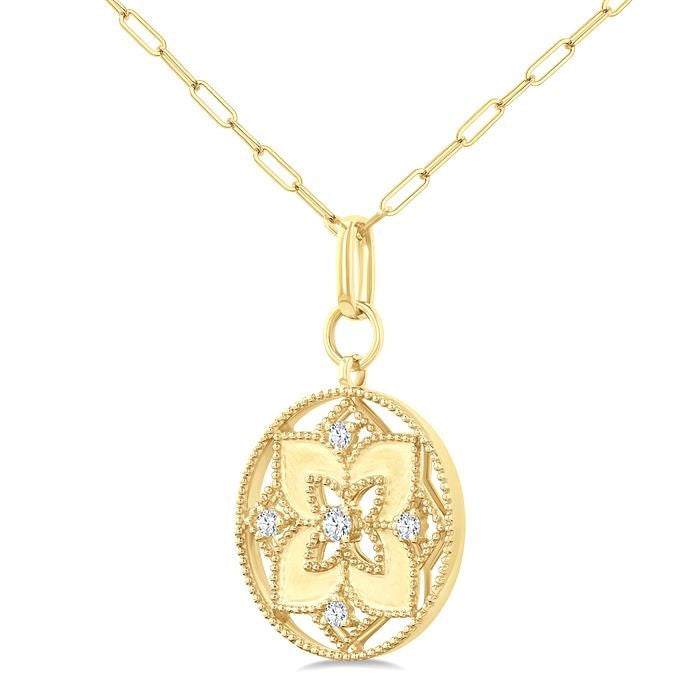 1/4 Ctw Floral Medallion Circle Round Cut Diamond Fashion Pendant With Paperclip Chain in 14K Yellow Gold
