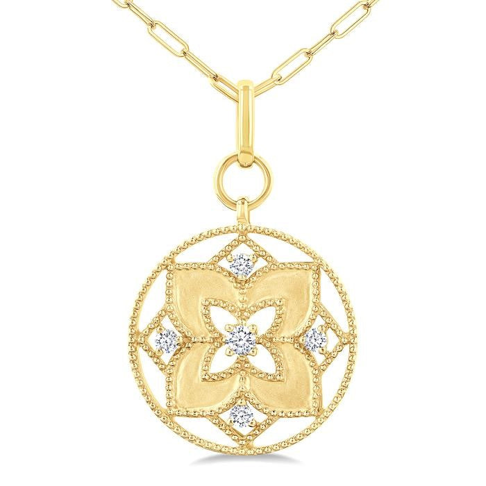 1/4 Ctw Floral Medallion Circle Round Cut Diamond Fashion Pendant With Paperclip Chain in 14K Yellow Gold