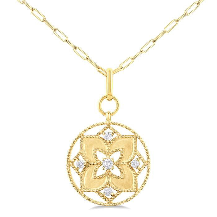 Floral Circle Paperclip Medallion Diamond Fashion Pendant