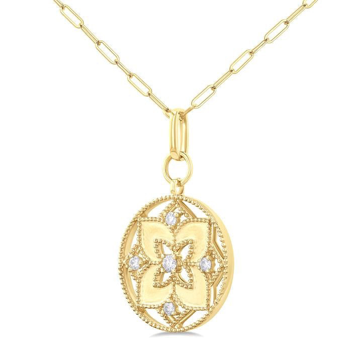 Floral Circle Paperclip Medallion Diamond Fashion Pendant