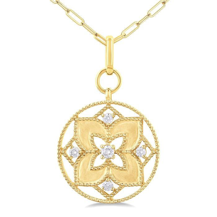 Floral Circle Paperclip Medallion Diamond Fashion Pendant