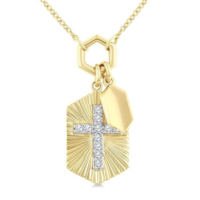 1/8 Ctw Cross Charm Fluted Round Cut Diamond Pirouette Fashion Pendant With Chain in 10K Yellow and White Gold
