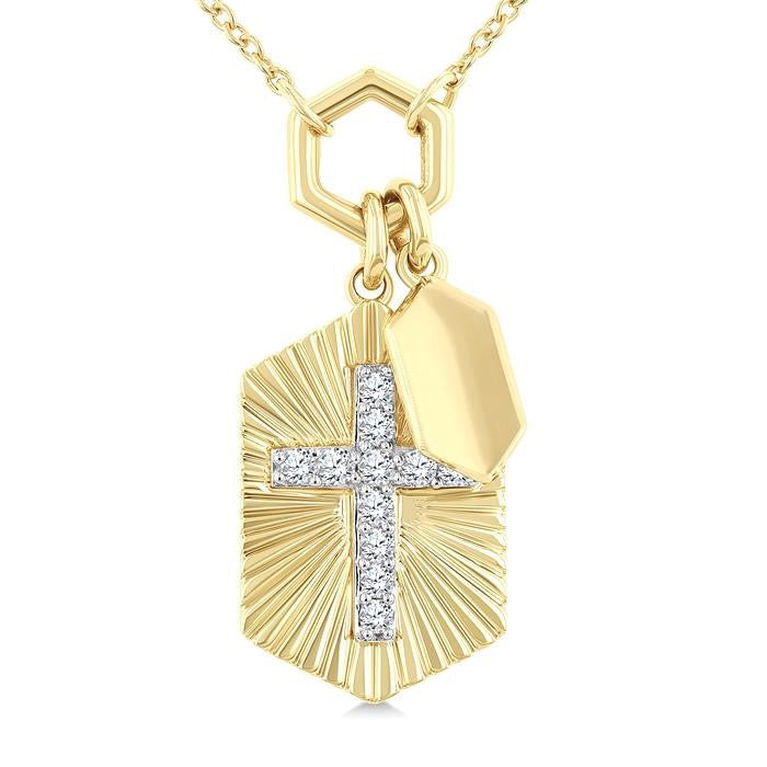 1/8 Ctw Cross Charm Fluted Round Cut Diamond Pirouette Fashion Pendant With Chain in 10K Yellow and White Gold