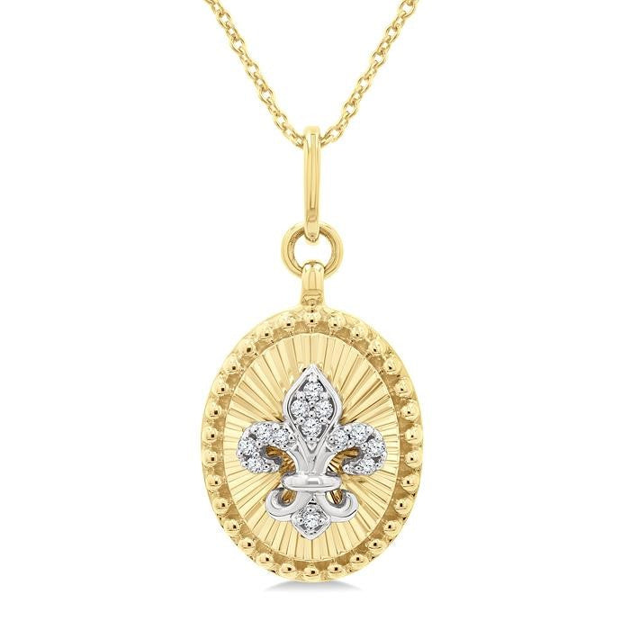 1/20 Ctw Fleur De Lis Motif Fluted Medallion Round Cut Diamond Pirouette Fashion Pendant With Chain in 10K Yellow and White Gold