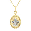 1/20 Ctw Fleur De Lis Motif Fluted Medallion Round Cut Diamond Pirouette Fashion Pendant With Chain in 10K Yellow and White Gold