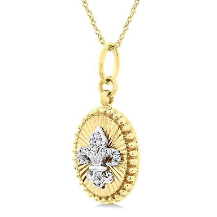 1/20 Ctw Fleur De Lis Motif Fluted Medallion Round Cut Diamond Pirouette Fashion Pendant With Chain in 10K Yellow and White Gold