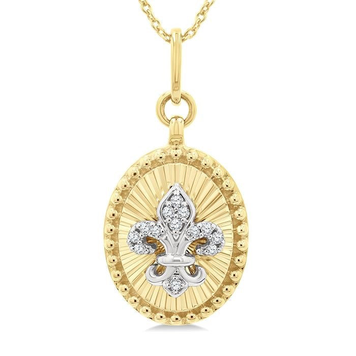 1/20 Ctw Fleur De Lis Motif Fluted Medallion Round Cut Diamond Pirouette Fashion Pendant With Chain in 10K Yellow and White Gold