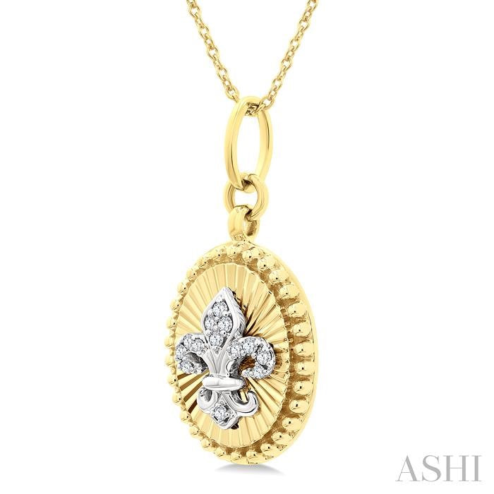 1/20 Ctw Fleur De Lis Motif Fluted Medallion Round Cut Diamond Pirouette Fashion Pendant With Chain in 10K Yellow and White Gold