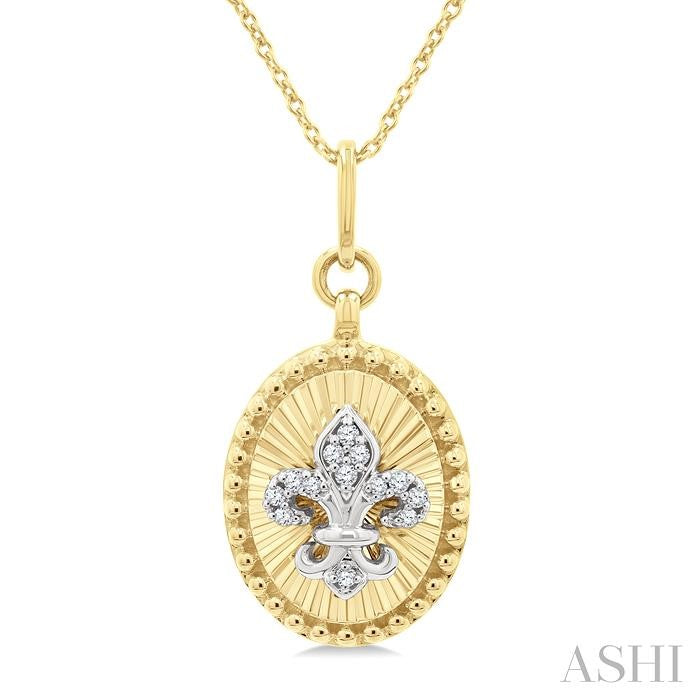1/20 Ctw Fleur De Lis Motif Fluted Medallion Round Cut Diamond Pirouette Fashion Pendant With Chain in 10K Yellow and White Gold