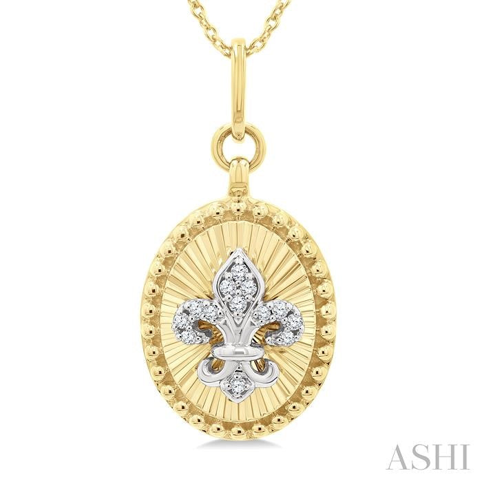 1/20 Ctw Fleur De Lis Motif Fluted Medallion Round Cut Diamond Pirouette Fashion Pendant With Chain in 10K Yellow and White Gold