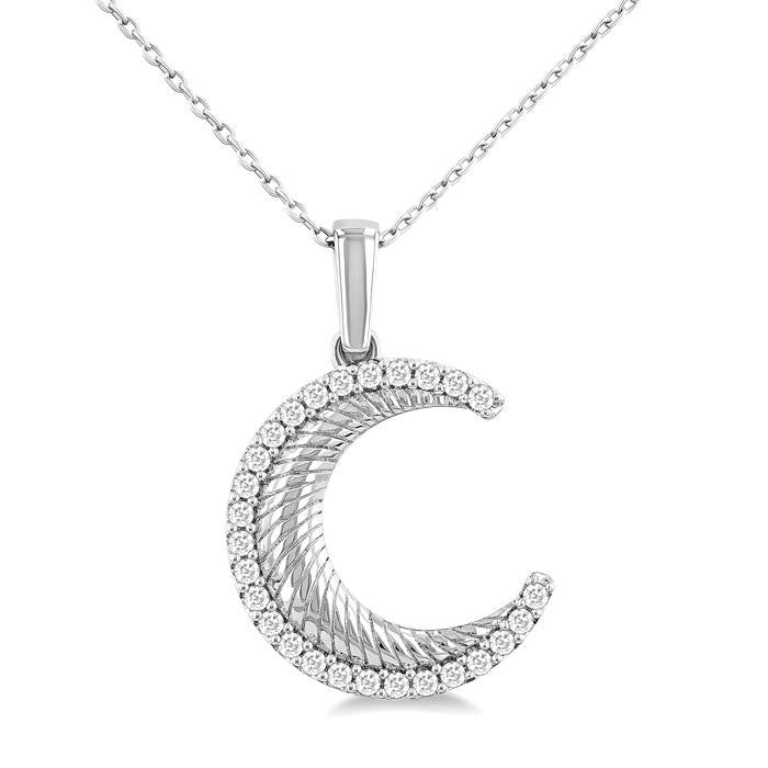 1/5 Ctw Spiral Textured Crescent Moon Round Cut Diamond Pirouette Fashion Pendant With Chain in 14K White Gold