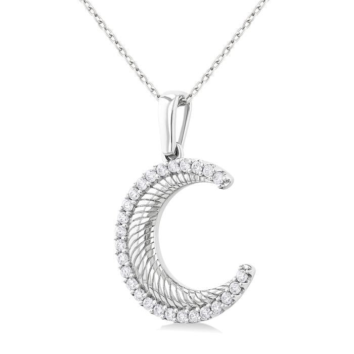 1/5 Ctw Spiral Textured Crescent Moon Round Cut Diamond Pirouette Fashion Pendant With Chain in 14K White Gold