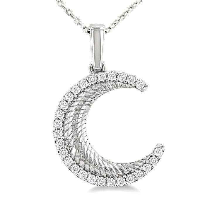 1/5 Ctw Spiral Textured Crescent Moon Round Cut Diamond Pirouette Fashion Pendant With Chain in 14K White Gold