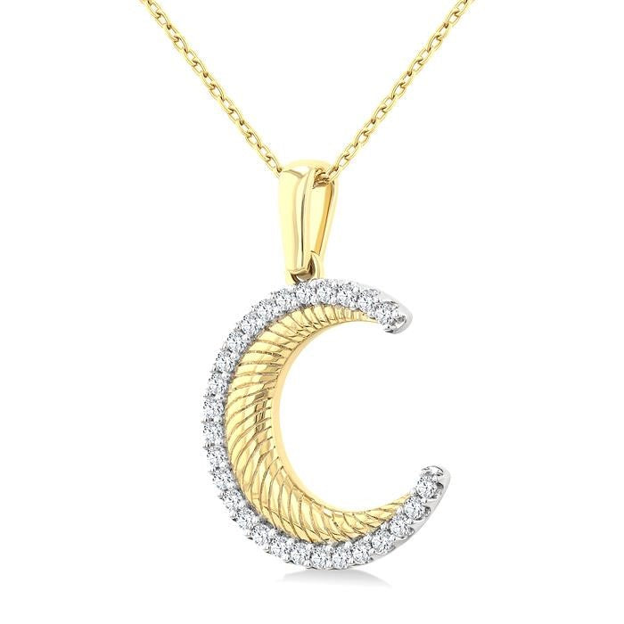1/5 Ctw Spiral Textured Crescent Moon Round Cut Diamond Pirouette Fashion Pendant With Chain in 10K Yellow Gold